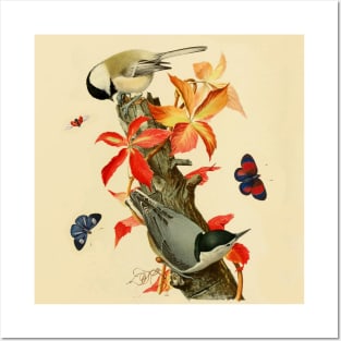 CHICKADEES ,BUTTERFLIES AND LADYBIRD ON A BRANCH WITH RED LEAVES Posters and Art